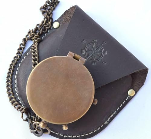 Brújula de latón artesanal con estuche de cuero miniatura 5