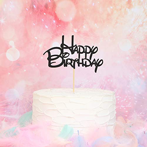 Black Happy Birthday Cake Topper - Black Glitter Birthday Party Cake Decoration Supplies, Cake Smash Decoration Photo Booth Props, Black Paper Cake Topper Flags Sign #TOP1