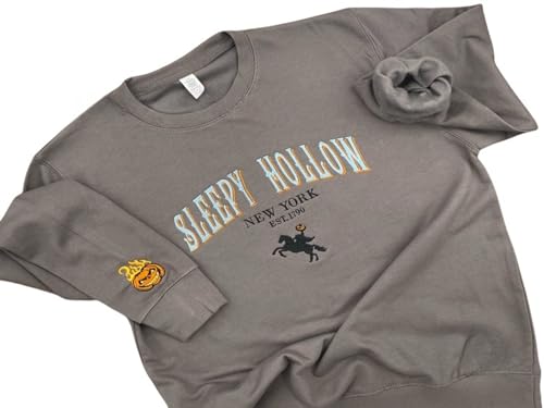 Sleepy Hollow Embroidered Sweatshirt – Headless Horseman Halloween Crewneck, Pumpkin Flame Sleeve Embroidery, Cozy Fall Spooky Season Sweater Gift for Her & Him Multi2