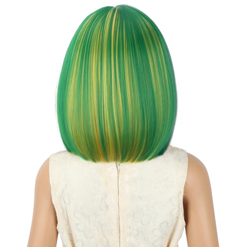 Image of PATTNIUM Mardi Gras Colored Bob Wig for Kids Girls Purple Green and Yellow Short Blue Straight Wig with Bangs Cosplay Party Synthetic Rose Net Daily Wear Wig