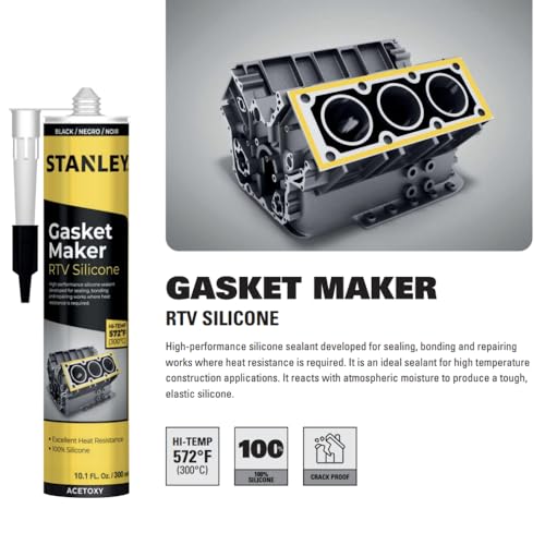 Image of Stanley High-Temp RTV Silicone Gasket Maker - Oil, Vibration and Heat Resistant Black Silicone Sealant for Automotive Valve Covers and Engine Parts, 2.36 fl.oz. Black, 1 Pack