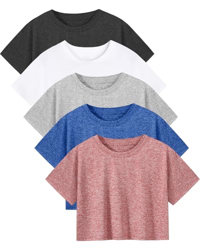 Xelky 5 Pack Athletic Crop Tshirt for Women Short Sleeve Cropped Workout Shirts Loose Yoga Gym Tops Dry Fit Black/White/Grey/Navy/Wine L