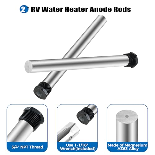Image of 2 Pack RV Water Heater Anode Rods, 9.25 inch x 3 /4 inch NPT Magnesium RV Anode Rod Replacement for Mor-Flo and 232767 Suburban Water Heater Tanks Come with Dual Hex Wrench & Tape