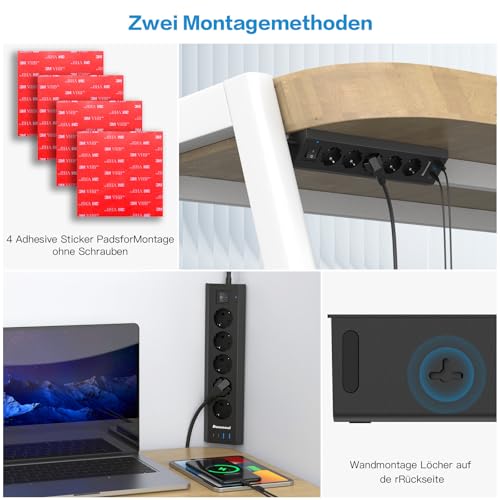 Multiprise USB, prise d'angle de bureau, USB C, avec interrupteur, multiprise avec rallonge de 2 m, pour cuisine, bureau, noir – vue 4