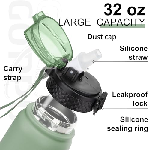 GOPPUS 1L/32oz Stainless Water Bottle with Straw Double Wall Insulated Bottles with Strap Reusable Vacuum Thermal Flask Leakproof Keep Cold Drinks Bottles with Flip Top Lid for Gym Men Women BPA Free - Image 3