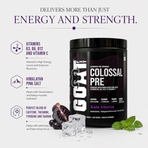 Image of GOAT Fit Colossal Pre | PreWorkout Powder 200mg Caffeine 3.5g Beta-Alanine 3g Citrulline 1.5g Arginine 1g Creatine with Himalayan Pink Salt (180gm - 15 Servings, Kala Khatta)