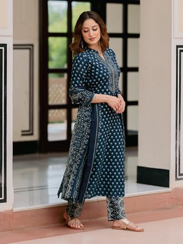 Image of Arayna Women's Pure Cotton Printed Kurta Pant Dupatta Set with Hand-Finished Embroidered Neckline | Straight Ethnic Suit Set for Women