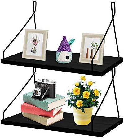 MONOLED Floating Shelves, Wall Mounted Floating Shelves, Set of 2, Rustic Metal Wire Floating Wood Shelf Storage Rack for Living Room Bedroom Bathroom Kitchen School Office (Black)