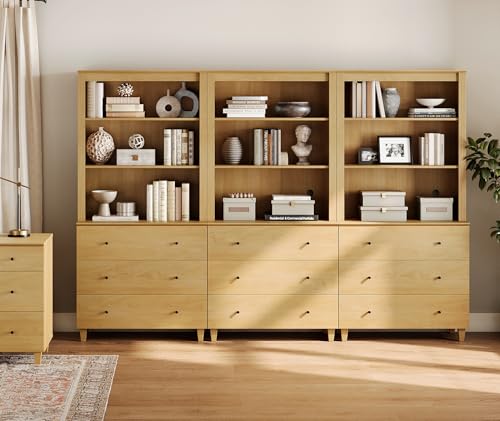 Image of WAMPAT 71 inch Tall Bookcase with 9 Drawers & Open Shelves, 3 Column Modern 3-Tier Bookshelf with Adjustable Shelf, 106 inch Wide Wooden Display Book Shelf for Home Office, Living Room, Bedroom, Oak