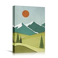 SIGNWIN Canvas Wall Art Sun Over a Pastel Green, Blue, Gray and Red Horizon Landscape Wilderness Illustrations Minimalism Modern Scenic Colorful for Living Room, Bedroom, Office - 12x18 inches