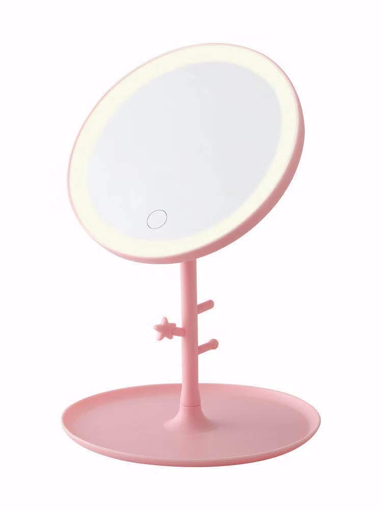 USB Smart Touch Control Lighted Vanity Stand Up Desktop Ring Light 180 Degree Rotation LED Light Makeup Mirror (Random, Pink_White)-image-7