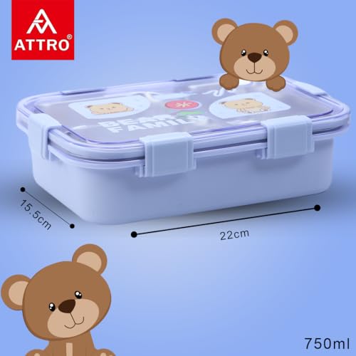 Image of Attro Bento 3 Deluxe Lunch Box with Inner Stainless Steel & Secure Lock Cute Eye Catchy Design Food Grade, Leakproof, Vacuum Seal Design Use for School Kids & Outdoor- 750ml Lavender