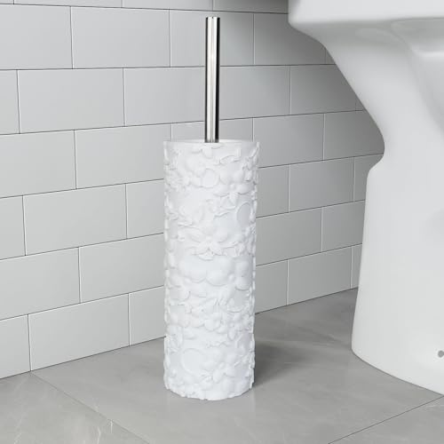 Image of White Floral Design Resin Toilet Bowl Holder and Brush Set, Stylish Bathroom Cleaning Tool with Durable Bristles, Compact and Functional