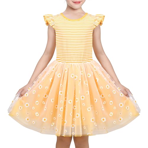Girls Dress Yellow Striped Daisy Flower Ruffle Tulle Party Holiday Cotton Size 8
