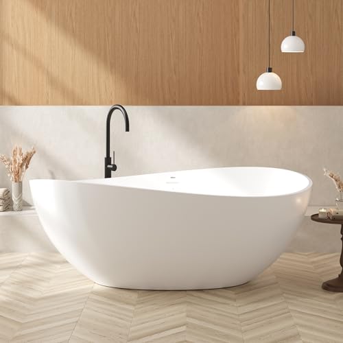 FerdY Lamu 63' Stone Resin Freestanding Bathtub, Gracefully Shaped Freestanding Bathtub, Solid Surface Soaking Tub, Matte White, cUPC Certified, Pop-up Drain and Integrated Slotted Overflow