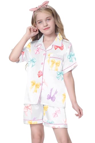 Image of Schbbbta Girls Womens Pajamas, Satin Silky Pjs Set Kids 2Pcs Button-Down Nightwear Sleepwear Gift for Mommy and me