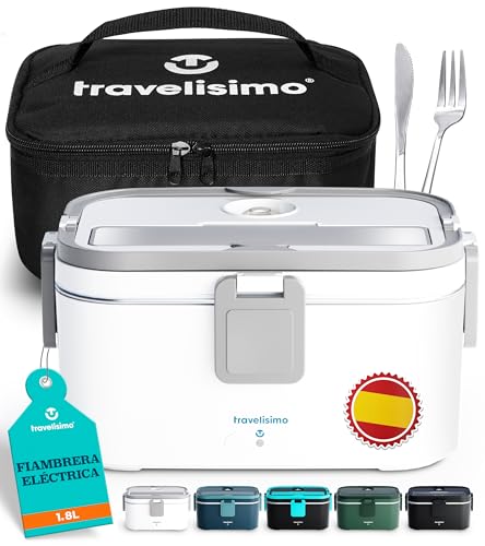 TRAVELISIMO - Fiambrera Electrica Extra Grande 1,8L - Taper Electrico para Comida 80W - Fiambrera Termica 3 en 1 12V/24V/220V - Fiambreras Comida Trabajo para Coche, Camión - Acero Inoxidable