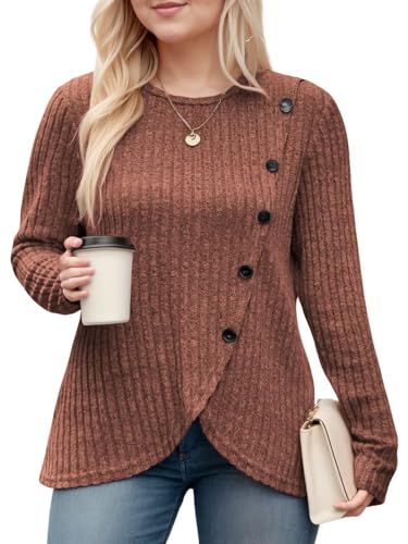 Image of DOLNINE Womens-Plus-Size-Tops Casual Long Sleeve Shirts Trendy Button Side Split Fall Cute Tunic Sweatshirts XL-5XL