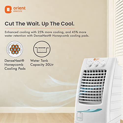 Image of Orient Electric Supercool 30 L Personal Air Cooler Home | Densenest Honeycomb Pads With Dust Filter | Powerful Air Delivery | Portable Air Cooler For Room | Inverter Compatible | White