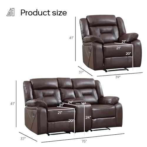 Image of EBELLO Manual Recliner Sofa Set, Faux Leather Reclining Living Room Furniture Set, Included Single Recliner Chair and Manual Loveseat Sofa, Dark Brown