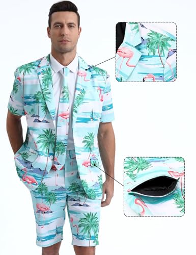 Men's 3-Piece Hawaiian Suits for Tropical Beach Party, Short Sleeve Blazer & Shorts & Tie3