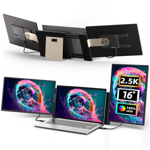 Image of Laptop Screen Extender 2.5K - Updated 16 inch Triple Portable Monitor 2560x1600P QHD 100% sRGB IPS, Plug & Play, Rotation Detachable Screen Compatible with Mac Wins Dex Chrome Fits 13 inch-17 inch Laptops