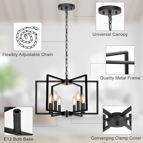 Black Farmhouse Chandelier, 6 Light Geometric Dining Room Light Fixture, Modern Industrial Metal Ceiling Light Rustic Hanging Pendant Lights with E12 base for Kitchen Island Entryway Foyer, Indoor - Image 5