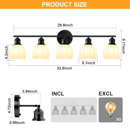 Image of Bathroom Light Fixtures, 5-Light Brushed Black Vanity Lights for Bathroom with White Tulip Glass Shade, 30 inch Vintage Bathroom Vanity Lighting Fixtures Over Mirror for Bedroom Living Room Hallway
