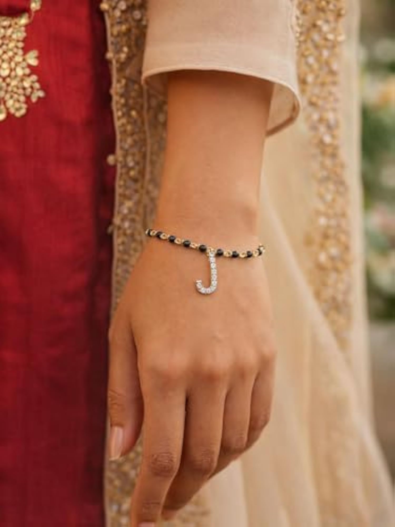 Gold Plated Adjustable J Letter Alphabet Mangalsutra Bracelet