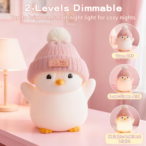 Image of FAMIDUO Penguin Night Light for Kids,Pink Penguin Lamp with Knit Hat | Squishy Silicone,Rechargeable Dimmable Timer LED Bedside Lamp,Cute Animal Nightlight for Nursery,Gift for Boys Girls Toddlers