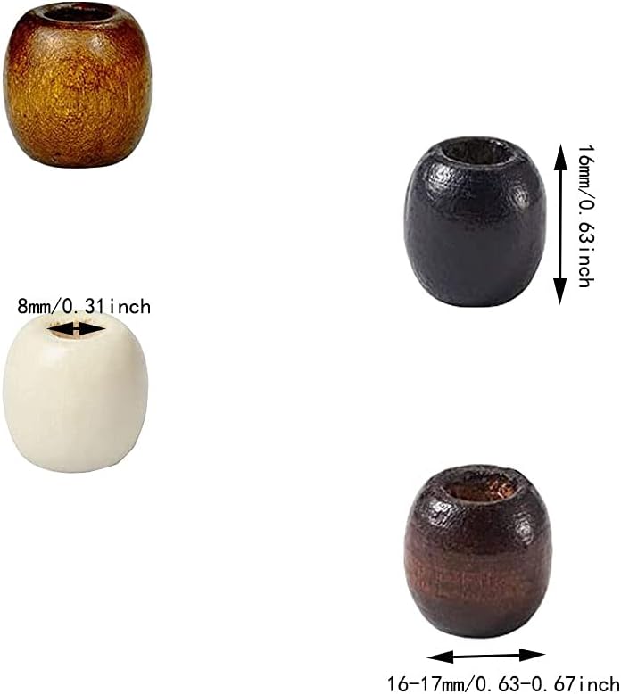 200Pcs Large Hole Barrel Wood European Loose Beads 4 Colors Natural Wooden Dreadlock Hair Braid Beads for Hair Braids Jewelry Bracelet Necklace Making 16x16-17mm - Image 2