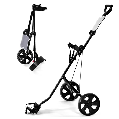 ULTIMATE 2 Wheel Golf Push Cart, Foldable Golf Trolley with Scorecard Holder, Upper/Lower Bracket w/Elastic Strap, Portable Lightweight Golf Walking Push Pull Cart Golf Bag Holder