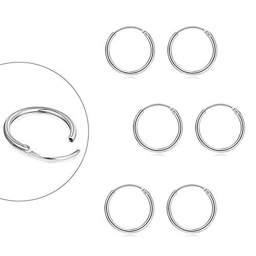 EPIRORA Sterling Silver Hoop Earrings for Women Men, Hypoallergenic Cartilage Earring Endless Small Hoop Earrings Set, 3 Pairs of 925 Sterling Silver Tragus Earrings Nose Lip Rings (10mmx3)