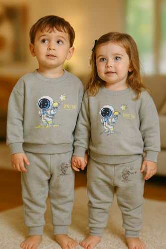 Image of Bold N Elegant Kids Fleece Lined Winter T-Shirt Jogger Set Warm Sweatshirt Pants | Stylish Astronaut Print Winter Co-ord Set for Infant Toddler Teedler Boys n Girls