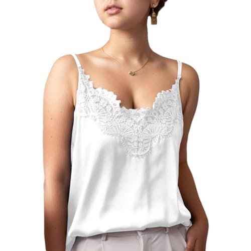 Silk Camisole Tops for Women, Sexy V-Neck Silk Satin Tank Tops Lace Trimmed Camisole4
