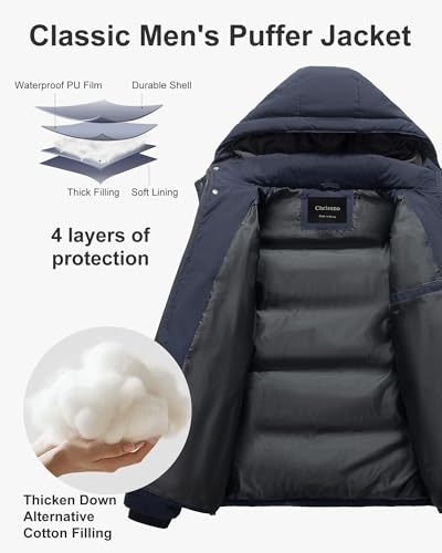 Chrisuno Men's Winter Coat Waterproof Warm Puffer Jacket Quilted Insulated Bubble Jackets with Hood3