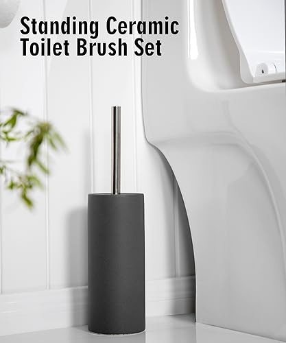 Image of Matt Gray Ceramic Toilet Brush and Holder Set | Freestanding Toilet Bowl Cleaners Brush, Scrubber Brush for Toilet, Bathroom Accessories with Stainless Handle, Deep Cleaning
