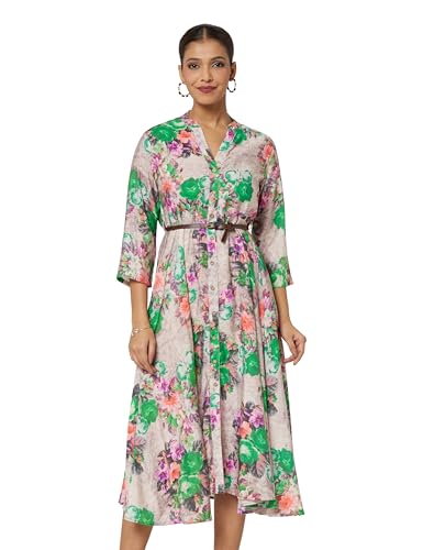 Image of BIBA Women Fit and Flare Below the Knee Rayon Flared Printed Dress
