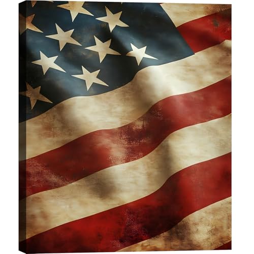 Image of Framed Vintage Distressed American Flag Wall Art, Patriotic Rustic Canvas Art Pictures, USA Flag Wall Decor, Made in USA Ready to Hang for Living Room Garage