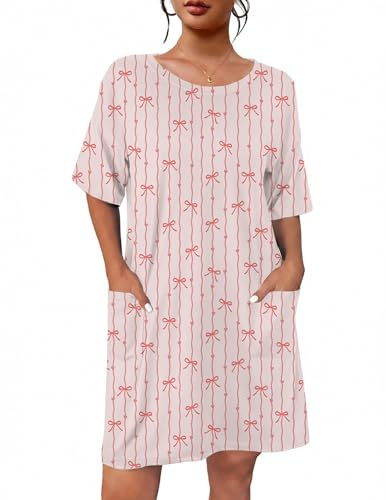 Image of Ekouaer Sleep Shirts for Women Nightgown Short Sleeves T shirt Night Dress Round Neck Womans Nightgown with Pocket S-XXL