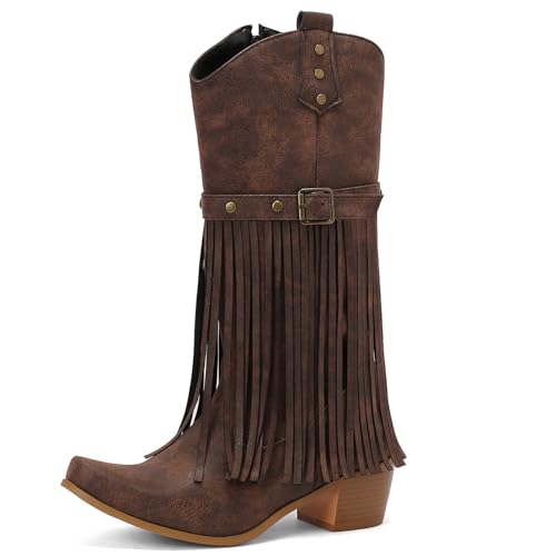 Women's Metal Decoration Fringe Cowboy Western Knee High Boot