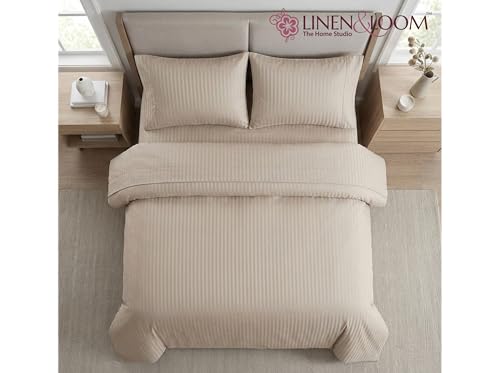 Image of Linen & Loom Elegance Series (90x100 Inches) Premium Satin Stripe Bedsheet Set with Pillow Covers | Soft Cotton Blend | Elegant Hotel Style Bedding || 200 TC (Beige)