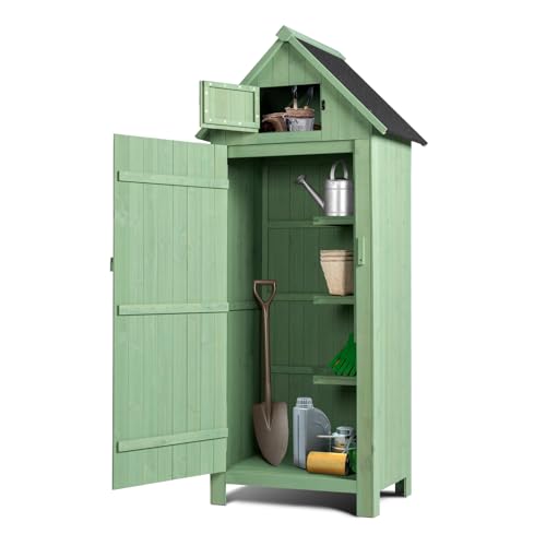 VINGLI Outdoor Wooden Storage Shed, Garden Shed Outside Tool Cabinet with Safety Latch, Patio Storage Organizer (Light Green)