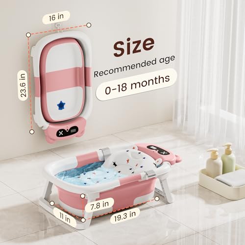 Image of Baby Bathtub,Foldable Baby Bath Tub for Newborn to Toddler (0-18 Months) - Collapsible Infant Tub for Travel with Thermometer, Soft Cushion,Pink