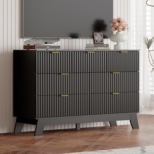 Image of Black Dresser 7 Drawer Dresser for Bedroom, 47''W Fluted Wooden Dresser Storage Cabinet and Chest of Drawers with Metal Handle, Storage Organizer for Living Room, Hallway, Entryway