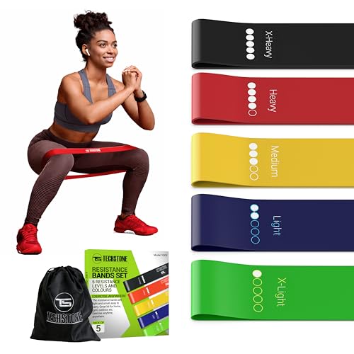 TechStone Resistance Bands Set for Men and Women, Pack of 5 Different Levels Elastic Band for Home Gym Long Exercise Workout – Great Fitness Equipment for Training, Yoga – Free Carrying Bag (Blue)