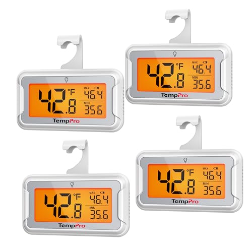 Image of TempPro Refrigerator Thermometer 4 Pack with Large Backlit LCD Display, Waterproof Freezer Fridge Thermometer with Max /Min Record, Easy Battery Replacement for Room, Cooler (Previously ThermoPro)