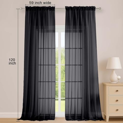 Image of OWENIE Black Sheer Curtains 120 Inches Long 2 Panels Set, Airy Lightweight Sheer Black Curtain for Living Room Bedroom, Farmhouse Voile Filmy Rod Pocket Curtains Drapes, 2 Pcs, Each 59 inch Wx120 L Inch