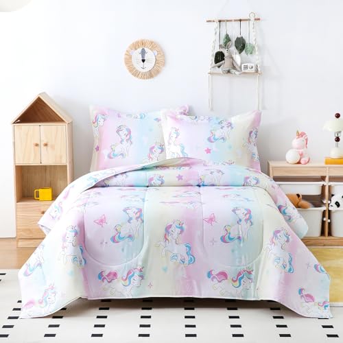 Image of Yibeizi Unicorn Comforter Set Twin Rainbow Lightweight Bedding