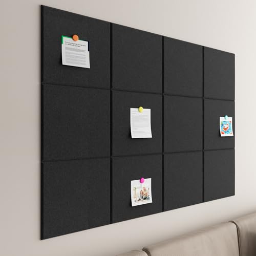 Baysola Large Cork Boards for Walls – 48 x 36 Self Adhesive Felt Wall Tiles, Ideal for Office Black Bulletin Board, Easy to Install Pin Board Photo Board